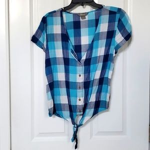 Blue multi color short sleeve bottom tie shirt